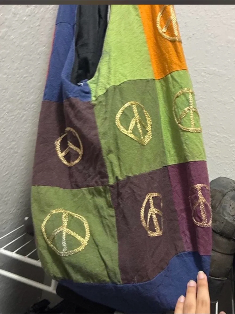 Patchwork Peace Sign Shoulder Bag in Green & Multicolor
